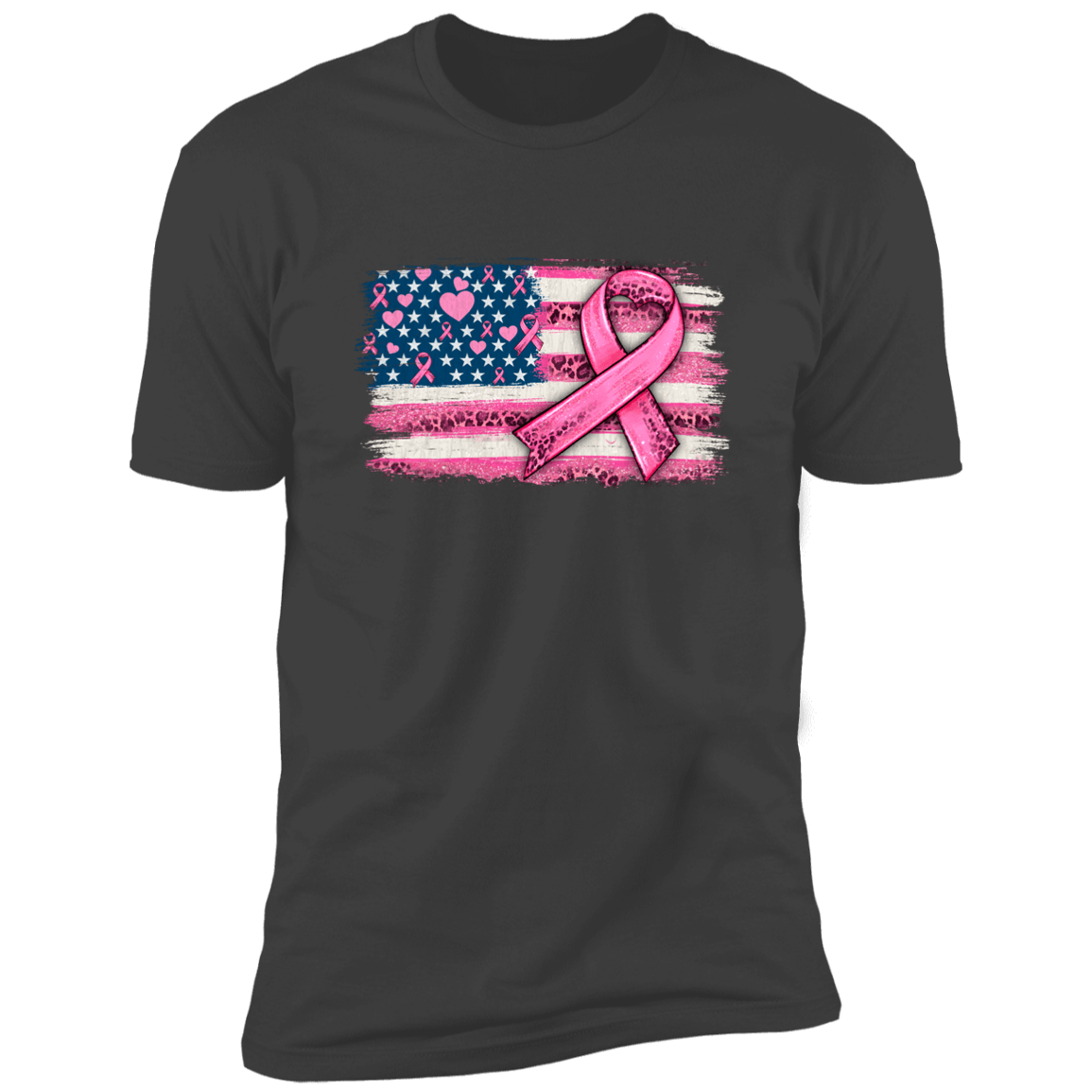 Breast Cancer Awareness - American Flag with Pink Ribbon T Shirt (Front)