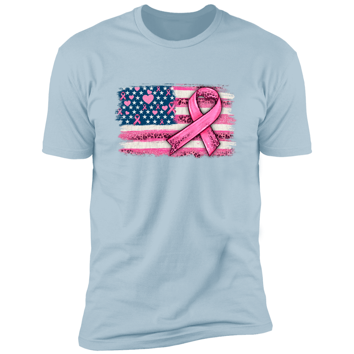Breast Cancer Awareness - American Flag with Pink Ribbon T Shirt (Front)