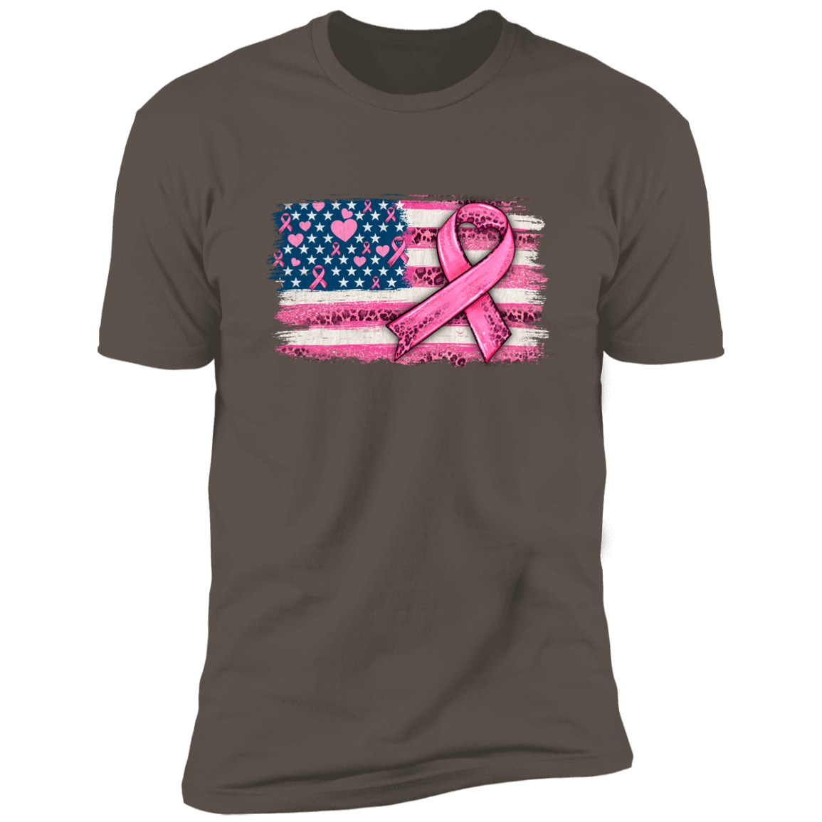 Breast Cancer Awareness - American Flag with Pink Ribbon T Shirt (Front)