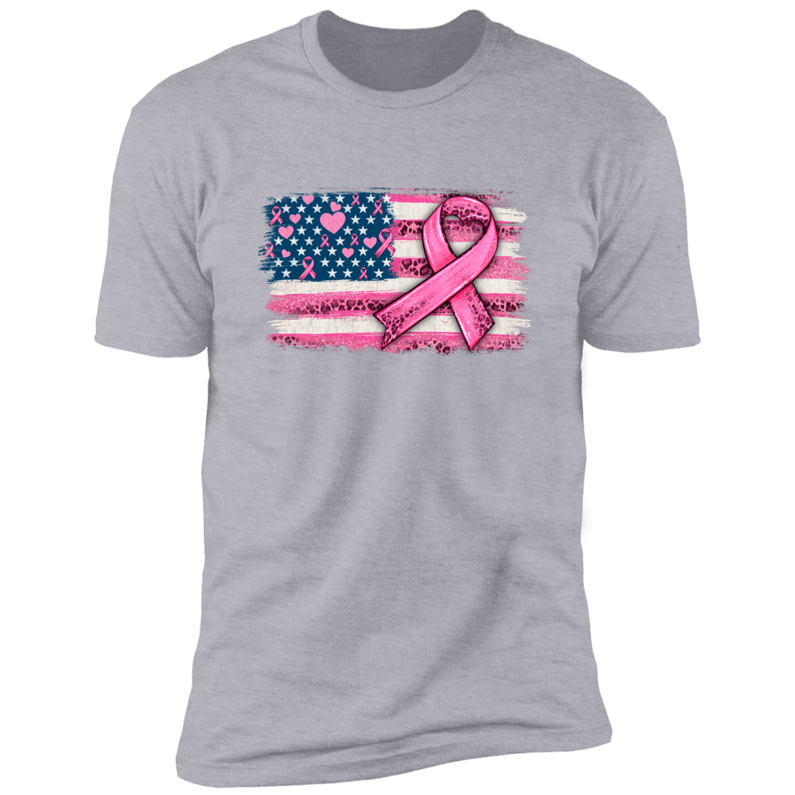Breast Cancer Awareness - American Flag with Pink Ribbon T Shirt (Front)