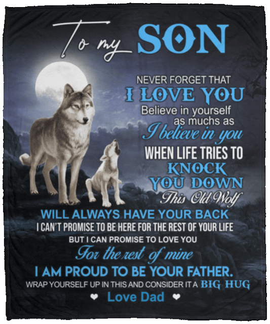 To My Son Love Dad - Blue Wolf Fleece Blanket 50x60