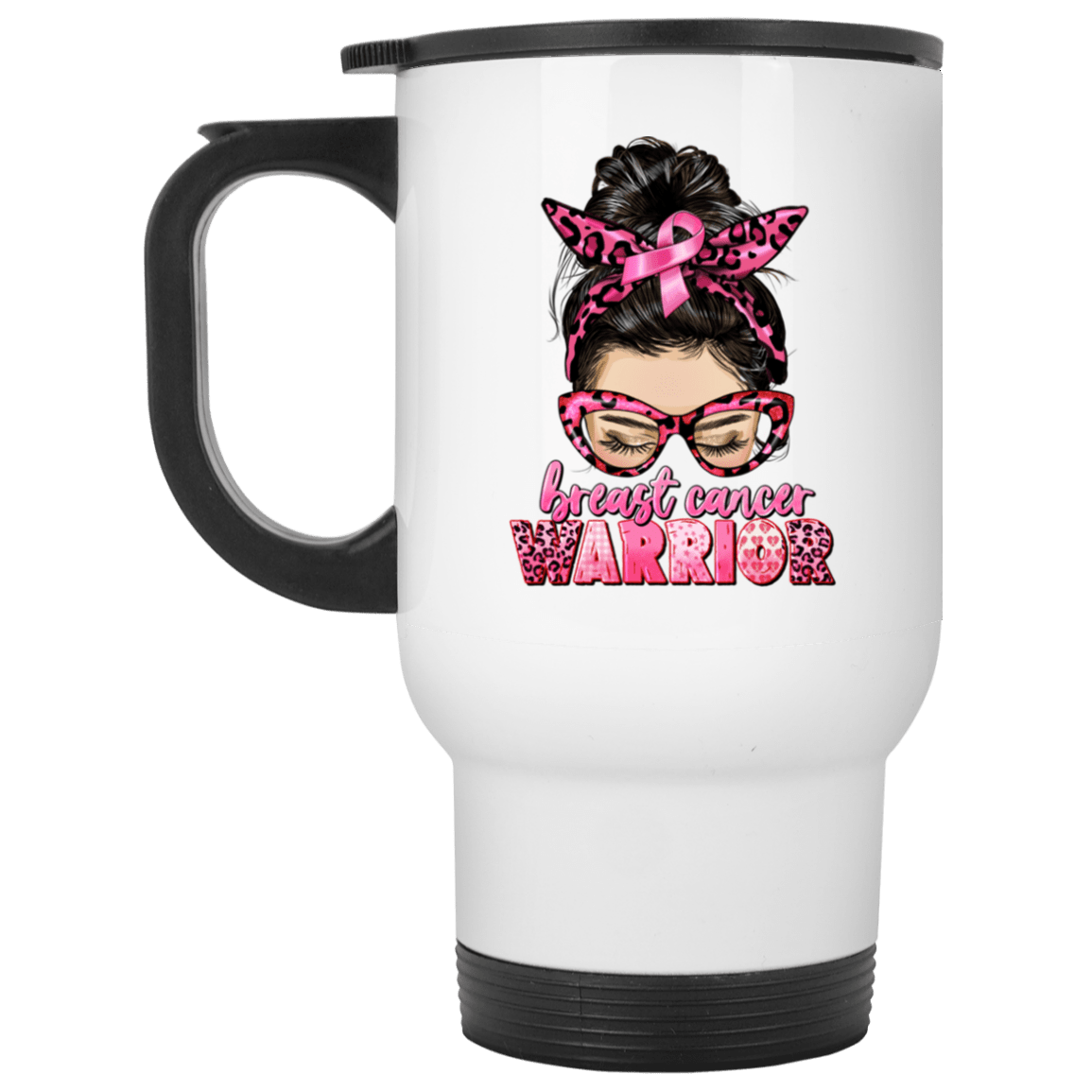 Breast Cancer Warrior- Messy Bun 14oz Travel Mug