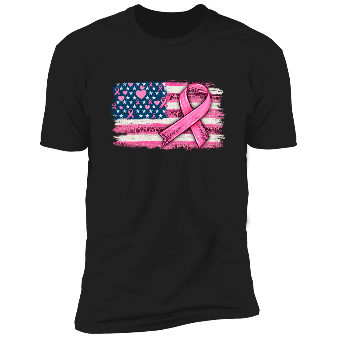 Breast Cancer Awareness - American Flag with Pink Ribbon T Shirt (Front)