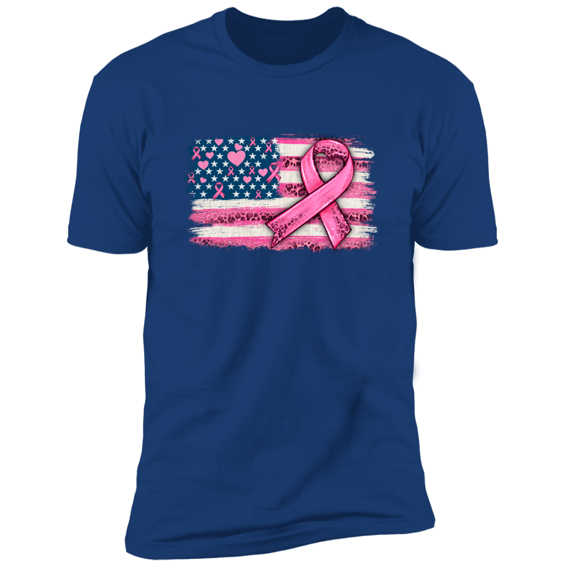 Breast Cancer Awareness - American Flag with Pink Ribbon T Shirt (Front)