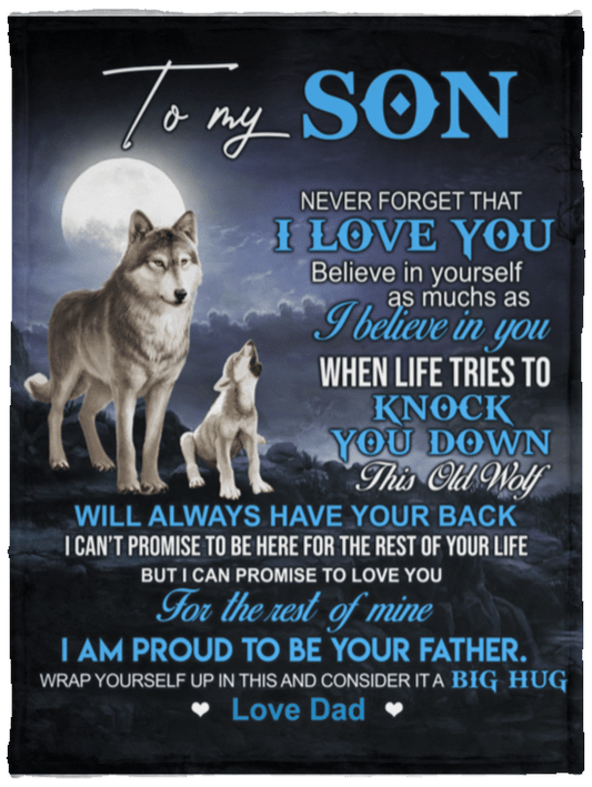 To My Son Love Dad - Blue Wolf Fleece Blanket 30x40